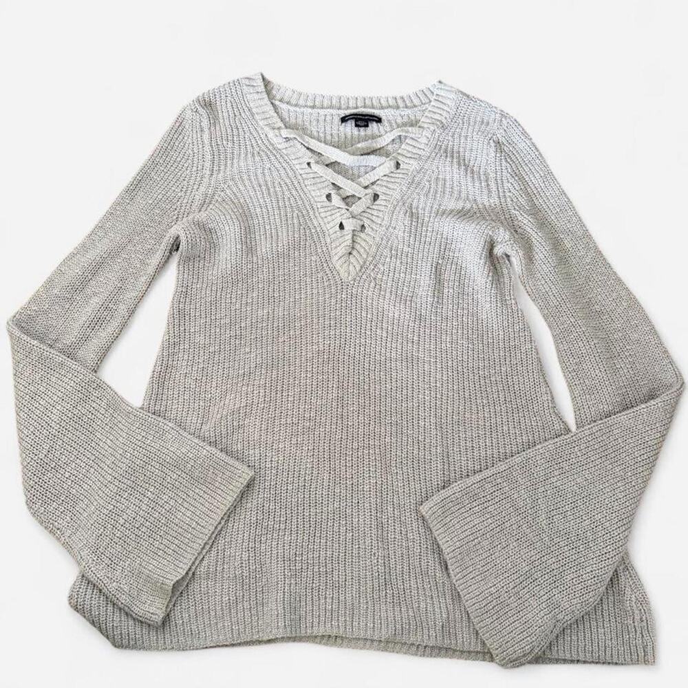 American Eagle Heather Grey Lace Up Bell Sleeve Knit Sweater Boho Size Medium